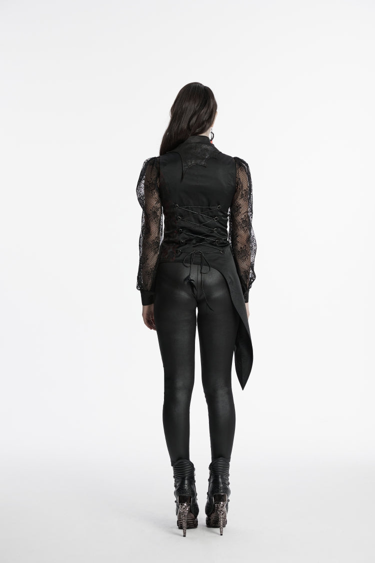 Black V Collar Sleeveless Embroidery Lace Asymmetric Women's Gothic Vest