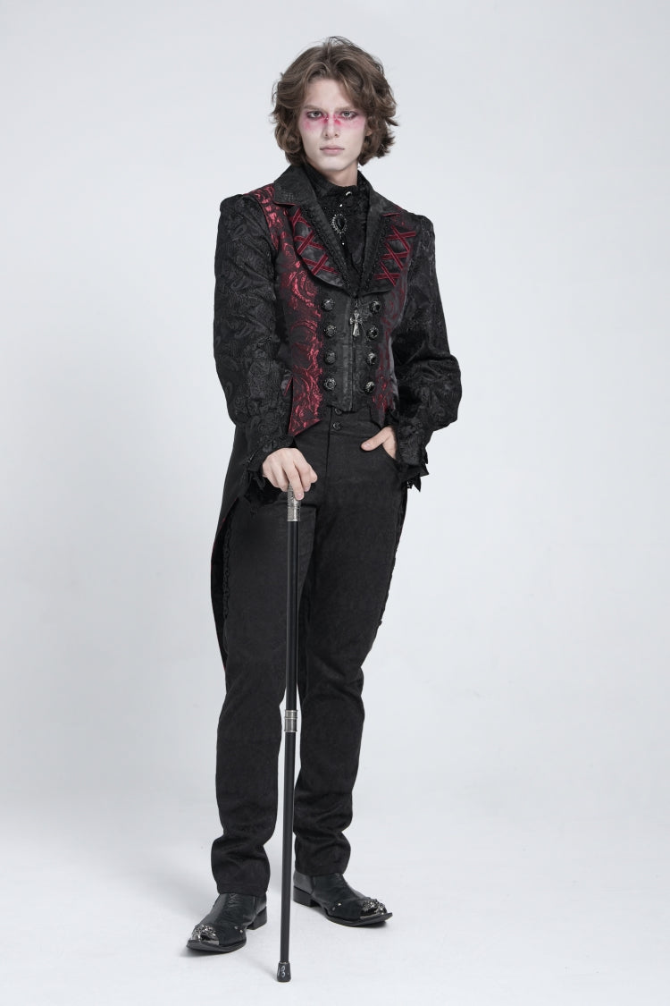 Black/Red Sleeveless Lace-Up Zipper Men's Gothic Swallow-tailed Vest