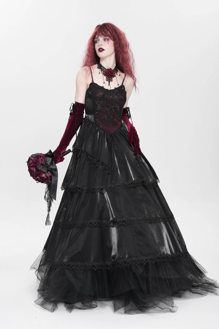 Black Sleeveless Multi-Layered Embroidery Pearl Women's Gothic Slip Dress
