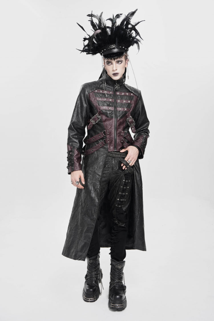 Black/Red Stand Collar Zipper Straps Eyelet Men's Punk Coat