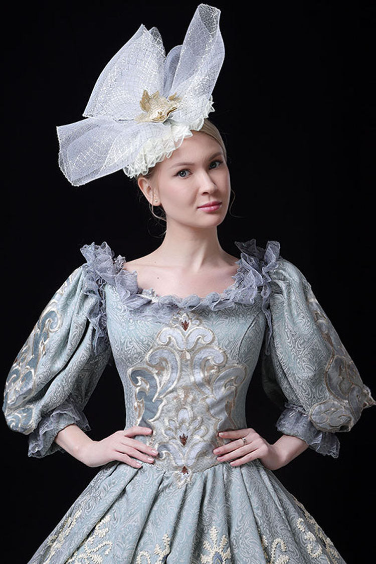 Blue Boat Neck Half Sleeves High Waisted Hollow Embroidery Floral Print Victorian Lolita Prom Dress