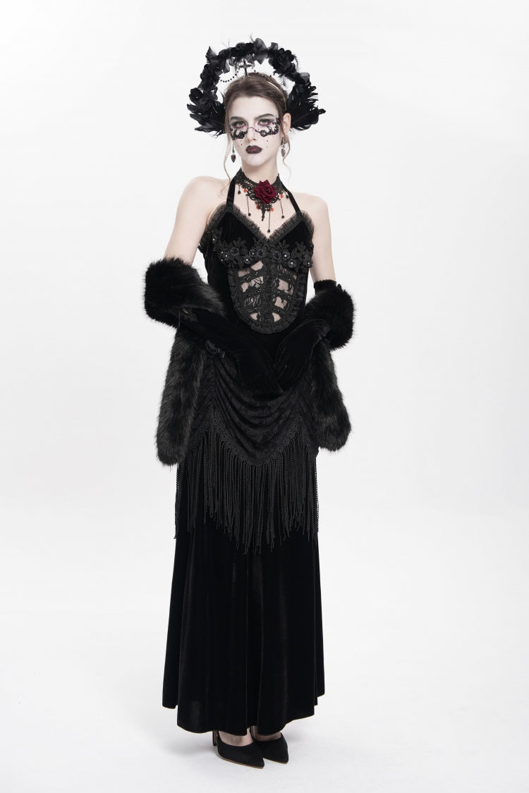 Black Sleeveless Hollow Floral Embroidery Lace-Up Pleated Women's Gothic Maxi Dress