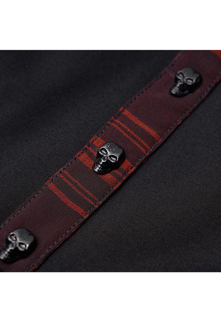 Black/Red V-Neck Ruffled Short-Sleeved Check Chiffon Waisted Skull Stud Women's Punk Dress