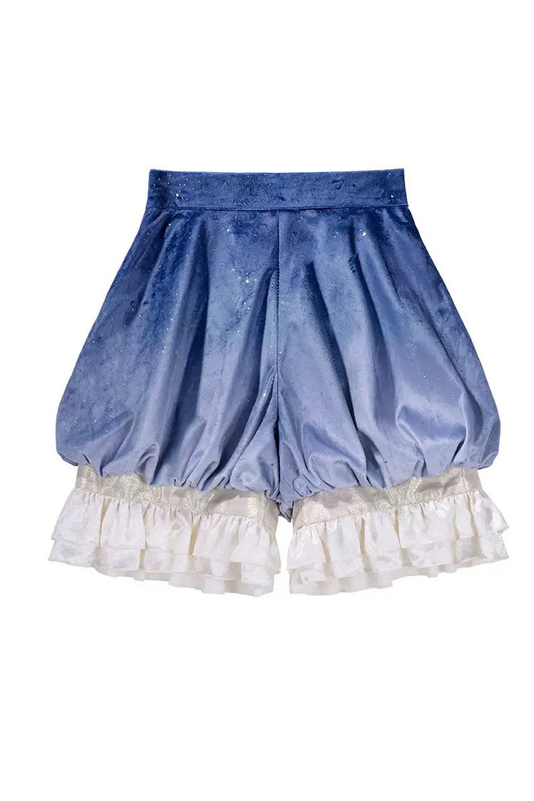 Blue Long Sleeves Ombre Ruffled Bow Ouji Gothic Lolita Swallowtail Dress Shorts Set