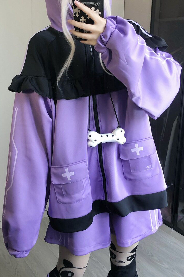 Purple Long Sleeves Cat Ears Hooded Jirai Kei Japanese Shorts Coat Set