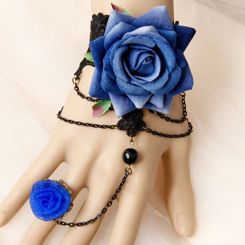 Blue Roses Halloween Prom Hollow Black Lace Gothic Lolita Band Ring Bracelet