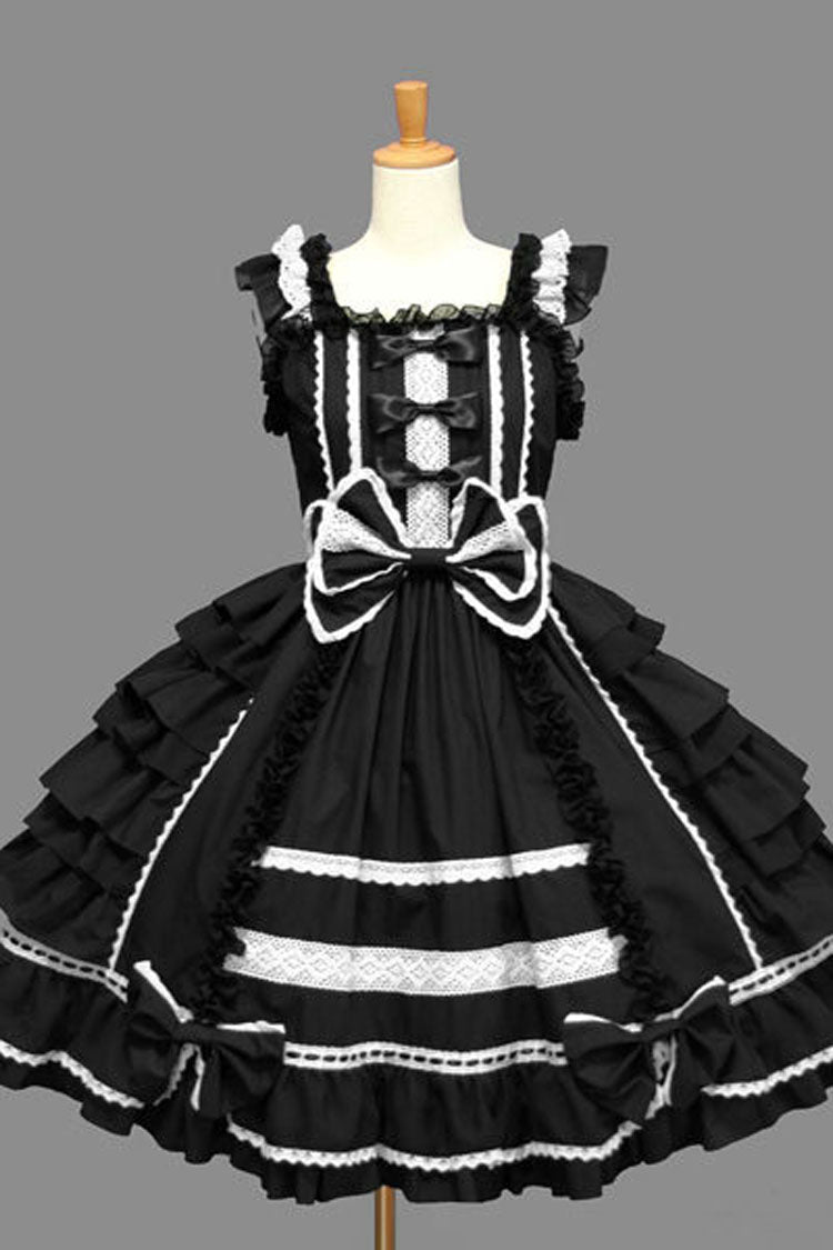Color Stitching Lace Square Neck Cap Sleeve Knee Length Ruffled Bowknot Classic Lolita Dress