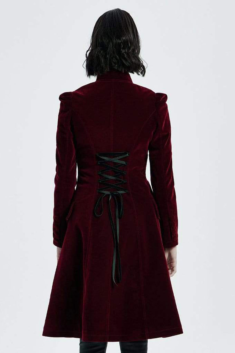 Red Gothic Velvet Stand Up Collar Front Chest Decals Back Waist Lace Up Women's Coat