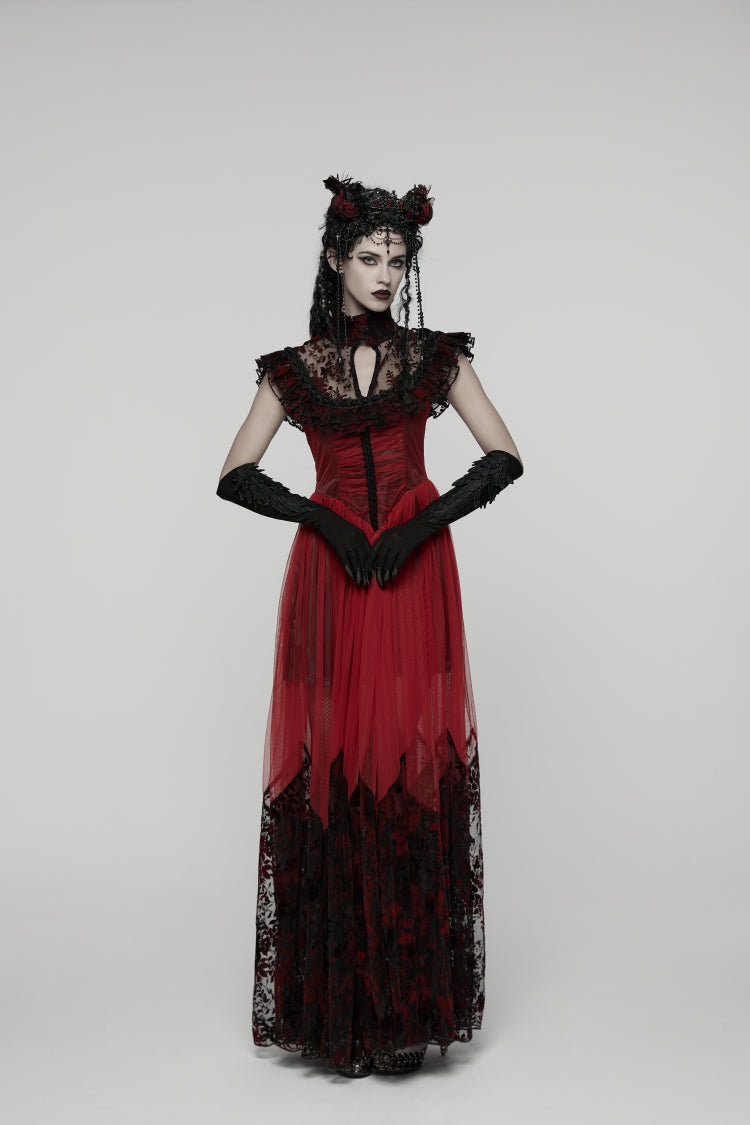 Black/Red Stand Collar Sleeveless Printed Hanayome Lace Lace-Up Women's Gothic Elegant Dress Wedding Dress