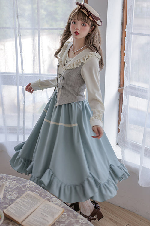 Blue Vintage Elegant V Collar Long Sleeves Petal Hem Fake Three Pieces Sweet Lolita OP Dress Full Set