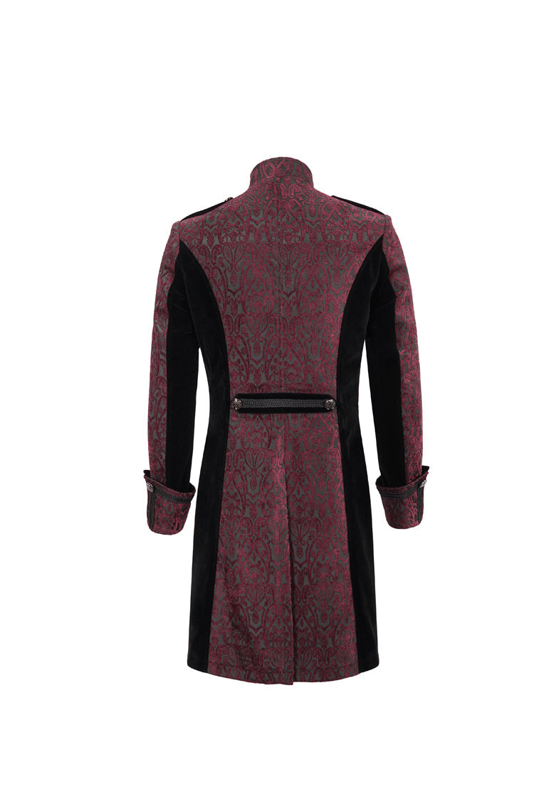 Red Silk Stand Collar Printed Metal Breasted Cross Zipper Back Slit Vintage Men's Gothic Jacket