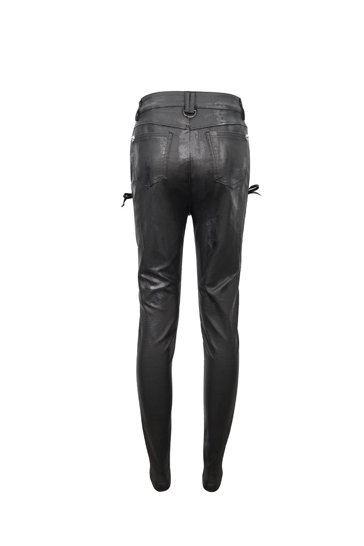 Black Stretch Faux Leather Paneled Mesh Women's Punk Trousers