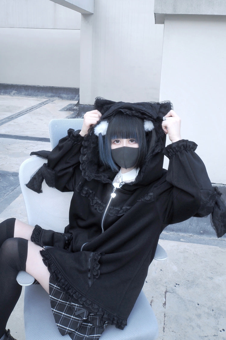 Black Long Sleeves Cat Ears and Tail Ruffle Bowknot Hooded Gothic Jirai Kei Coat
