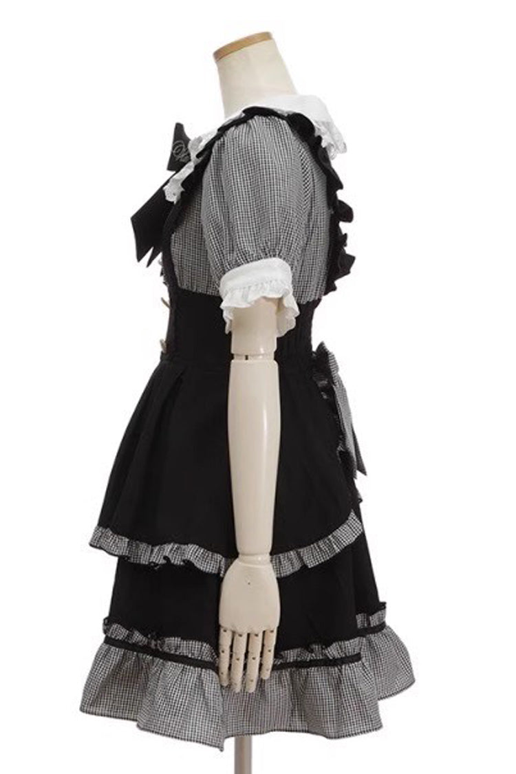 Black Short Puff Sleeves Print Ruffle Bowknot Sweet Jirai Kei Lolita Dress
