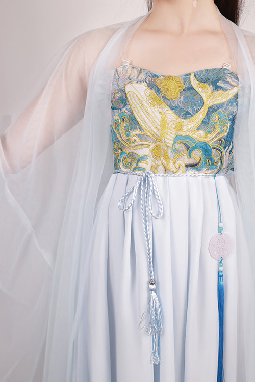 Blue Chinese Style Song Dynasty Fairy Long Embroidered Sweet Hanfu Dress Full Set