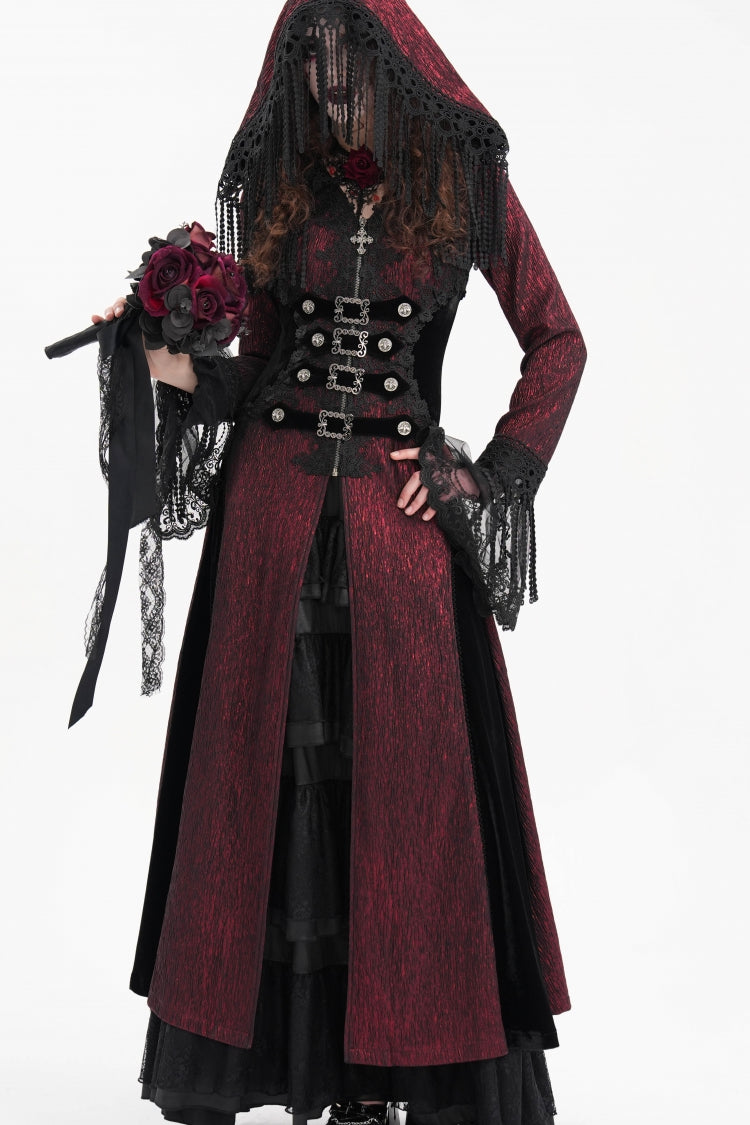 Red Buckle-up Tassels Women's Gothic Jacket with Hood