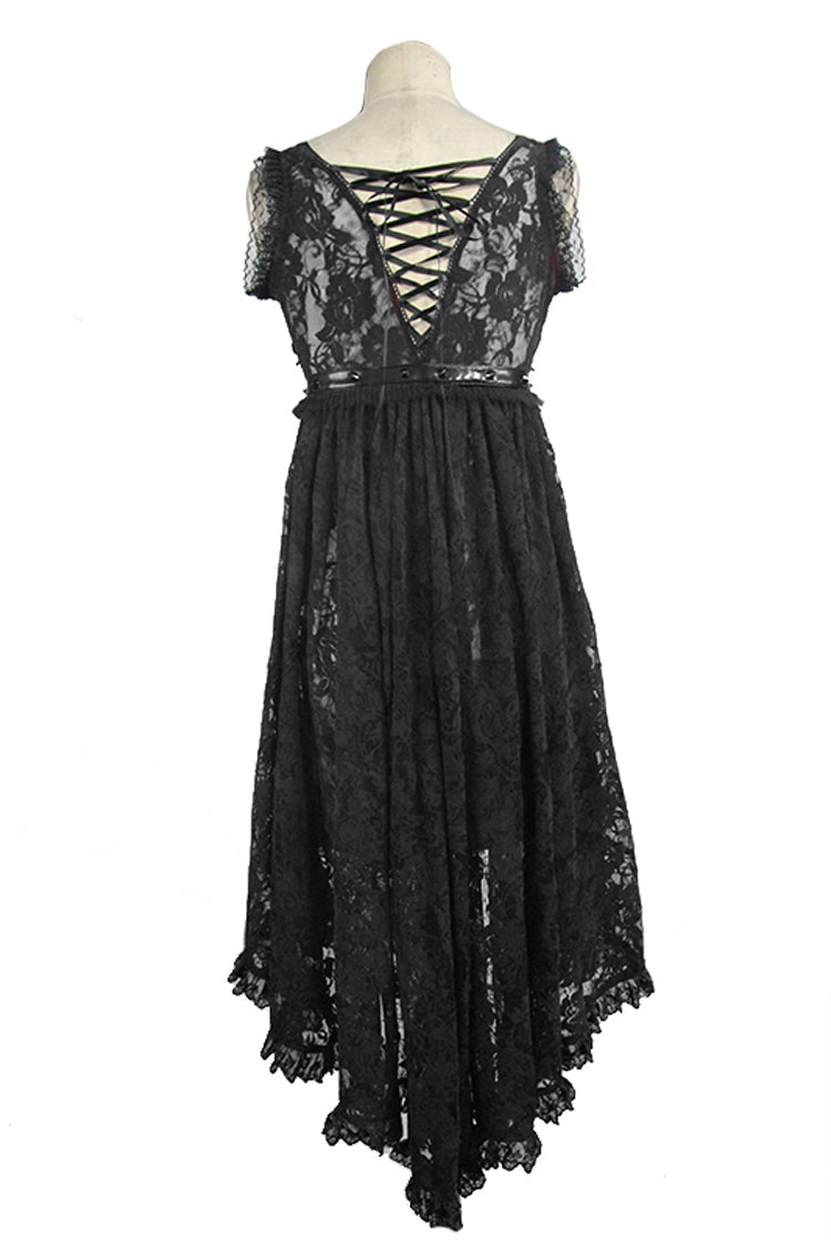 Black Waist Knot Back Lace-Up Frill Hem Sleeveless Rose Lace Mesh Women's Gothic T-Shirt