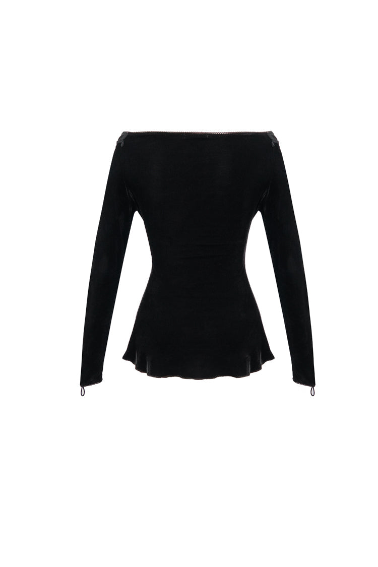 Black Velvet Off Shoulder Long Sleeve Mesh Collar Chest Flocking Pattern Women's Punk T-Shirt