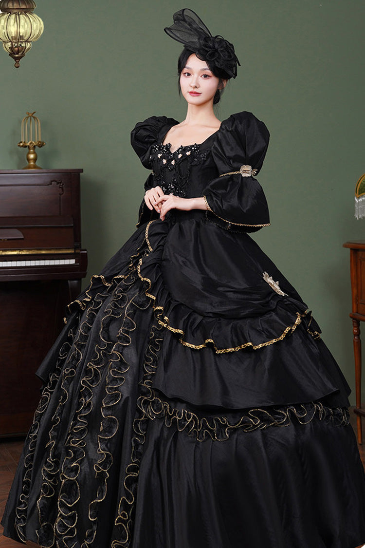 Black Square Collar Half Trumpet Sleeves Double-Layered Ruffled Open-Front Gothic Vintage Palace Lolita Victorian Dress