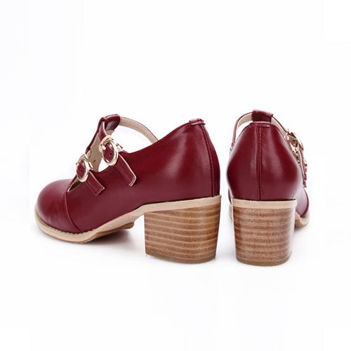 Retro Wine Red Double Buckles Mid Heel Lolita Shoes