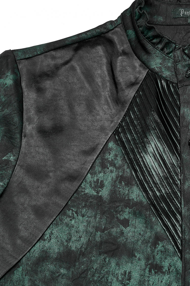 Black/Green Stand Collar Long Sleeves Ruffle Pleated Men's Gothic Blouse