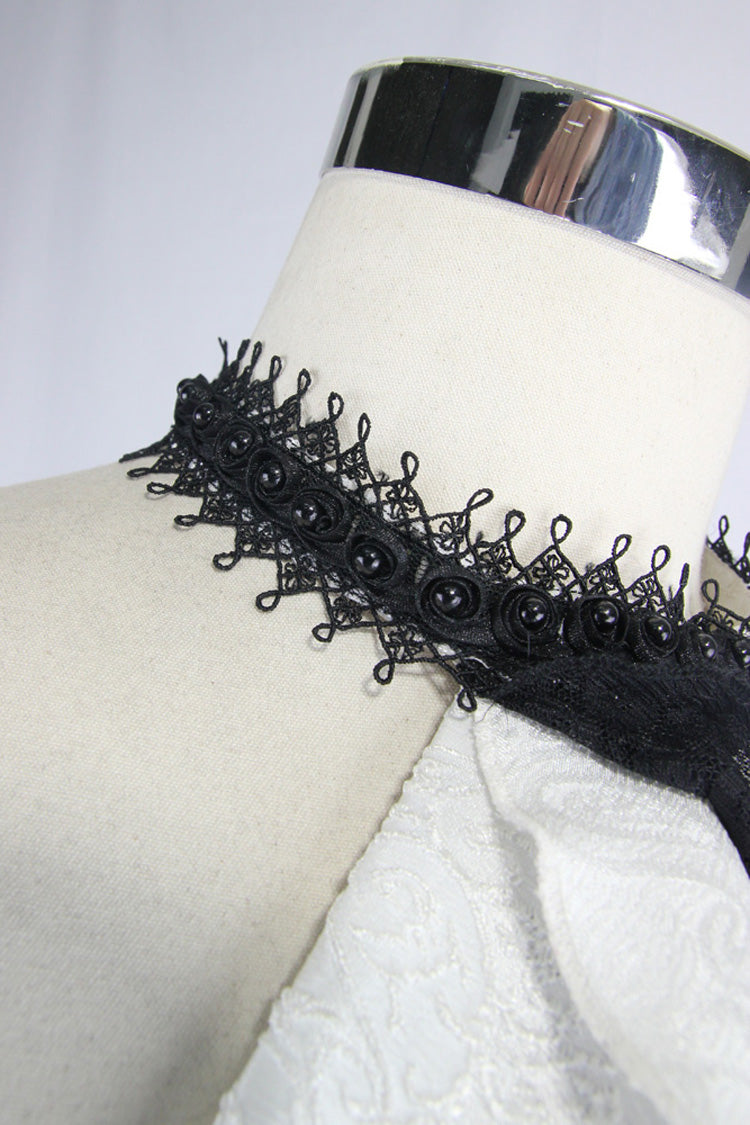 White Lace Jacquard Jewel Pins Men's Gothic Tie
