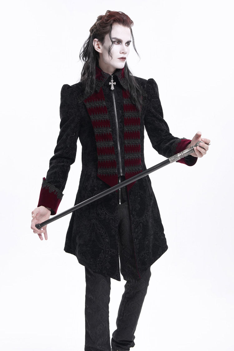 Black/Red Lapel Collar Long Sleeves Crochet Men's Gothic Jacket