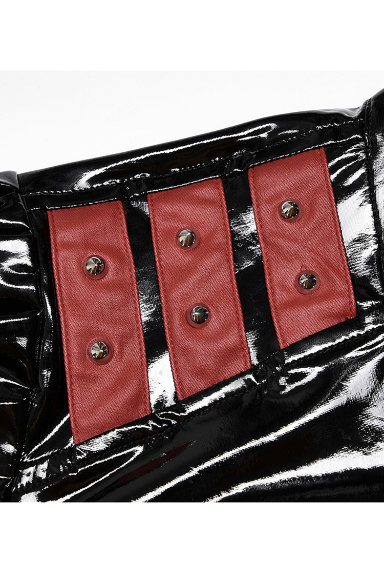 Black/Red Patent Leather Lapel Pleated Slim Fit Faux Leather Long Sleeve Punk Women's Jacket