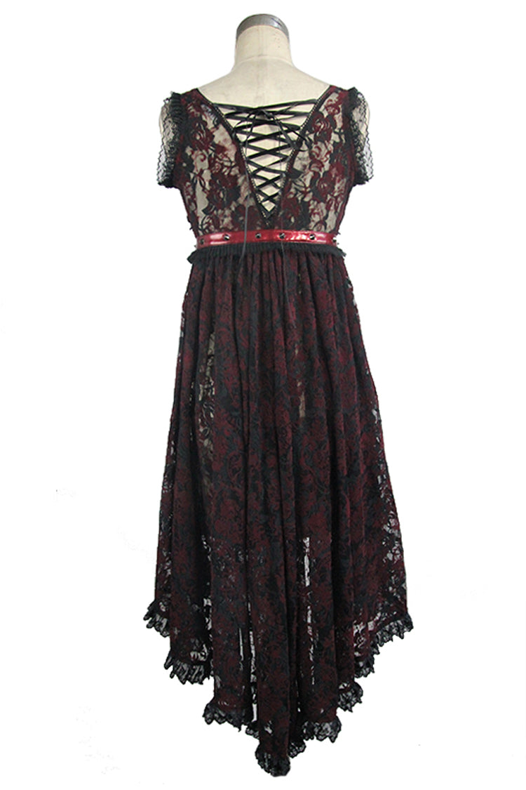 Red Waist Knot Back Lace-Up Frill Hem Sleeveless Rose Lace Mesh Women's Gothic T-Shirt