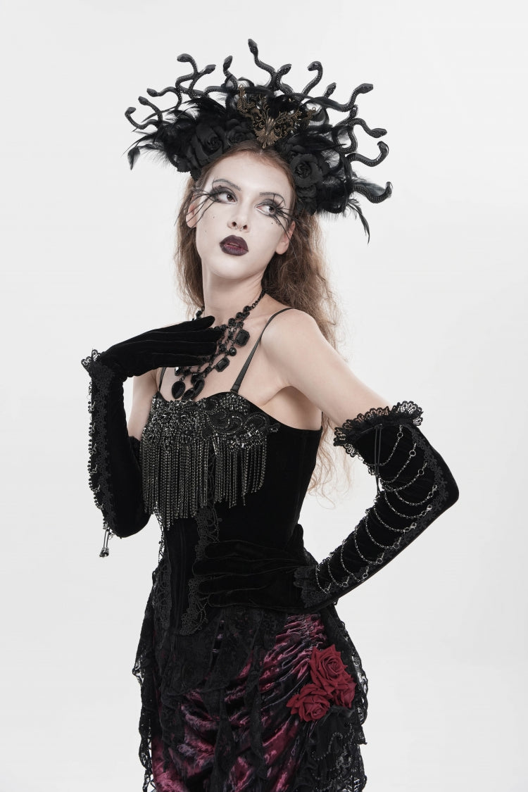 Black Lace-Up Women's Gothic Embroidered Tassels Overbust Corset
