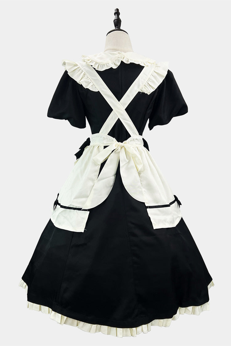 Black/White Short Sleeves Ruffle Bowknot Lace Plus Size Sweet Maid Long Lolita Dress