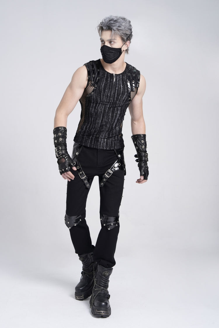 Black Sleeveless Ribbed Print Stitching Mesh Zipper Men's Gothic Vest
