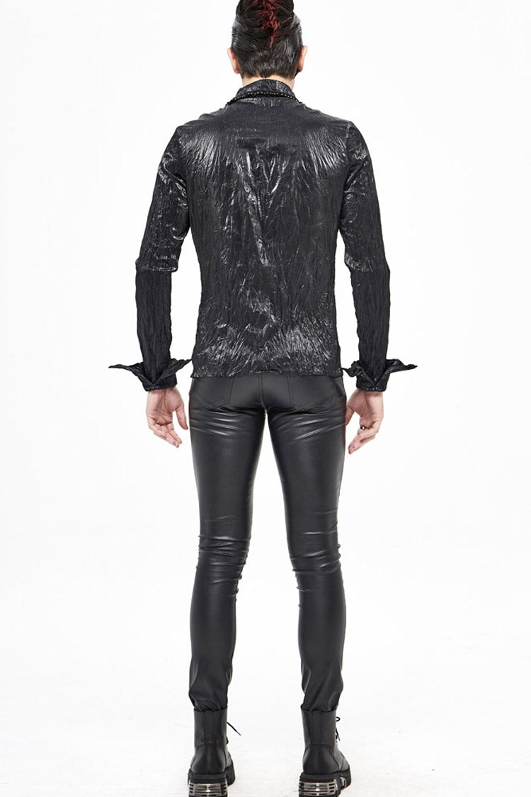 Black Twill Fold Collar Sharp Corner Cuff Light Metal Ring Webbing Men's Punk Shirt