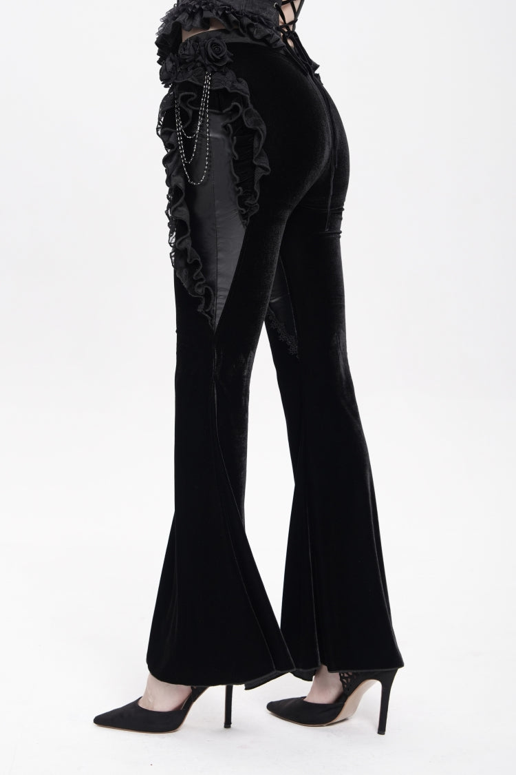 Black Ruffled Spliced Women's Gothic Floral Faux Leather&Velvet Ruffle Pants