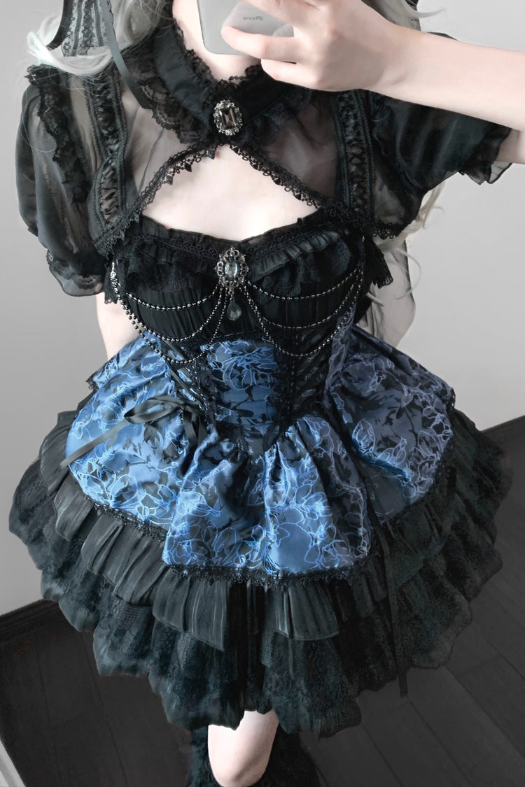 Black/Gray-Blue Ancient Dream of the Dark Night Print Ruffle Gothic Lolita Jsk Dress