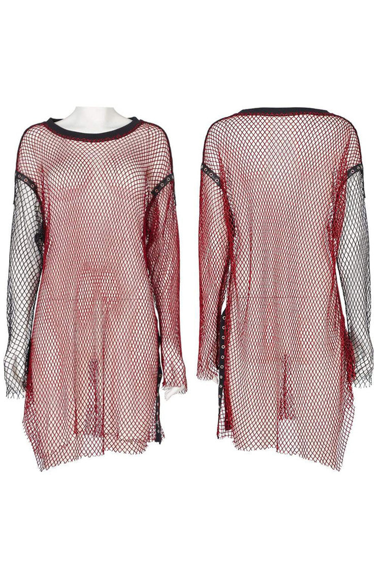 Red Punk Daily Comfortable Perspective Mesh Design No Elasticity Asymmetrical Hem Metal Grommets On Shoulders Long Womens Shirt