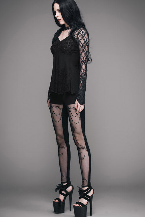 Black Sexy V Neck Mesh Long Sleeves Rose Lace Bottoming Women Gothic T-Shirt