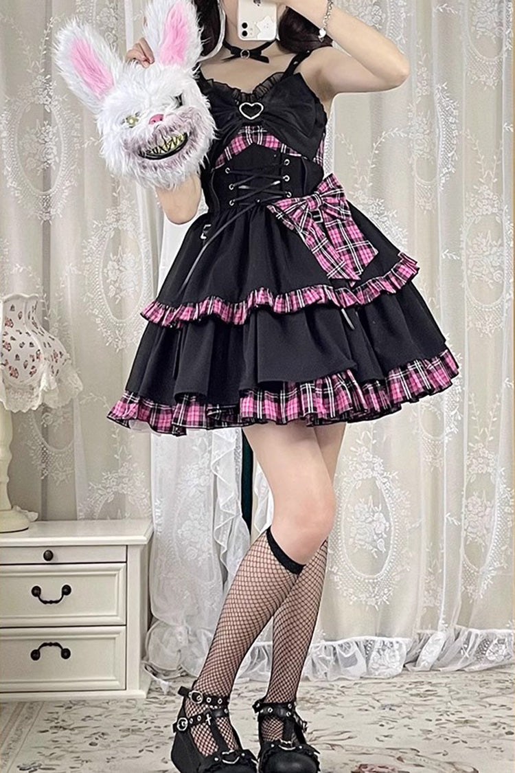 Black/Pink Plaid Print Color Contrast Leather Buckle Bowknot Ruffle Gothic Lolita JSK Dress