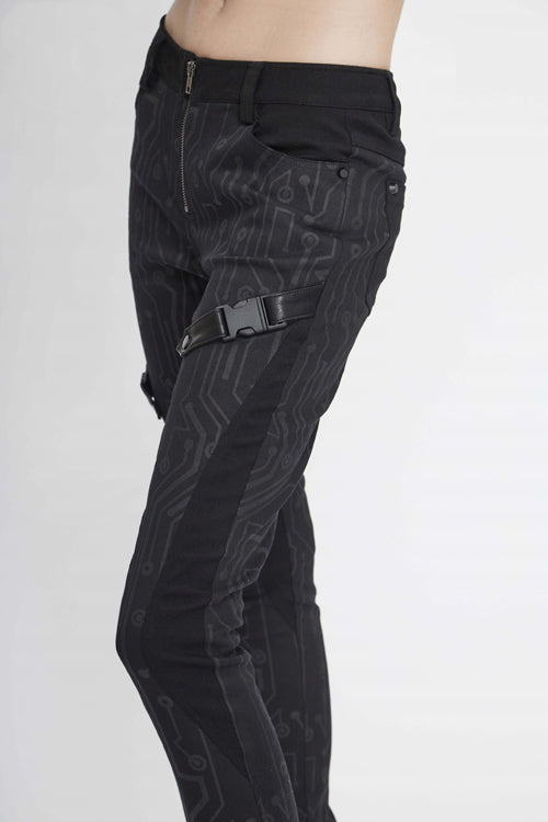 Black Punk Circuit Printed Leather Loops Womens Pants