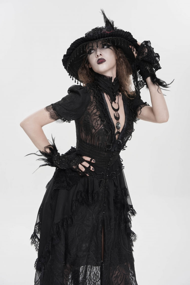 Black V Collar Short Sleeves Hanayome Lace Women's Gothic Wedding Dress