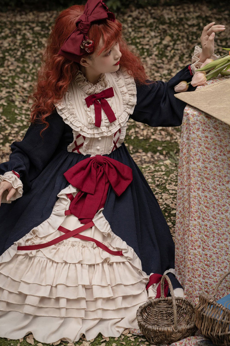 Blue Round Collar Bowknot Long Sleeves Multi-Layer Ruffled Sweet Lolita OP Dress (Plus Size Version)