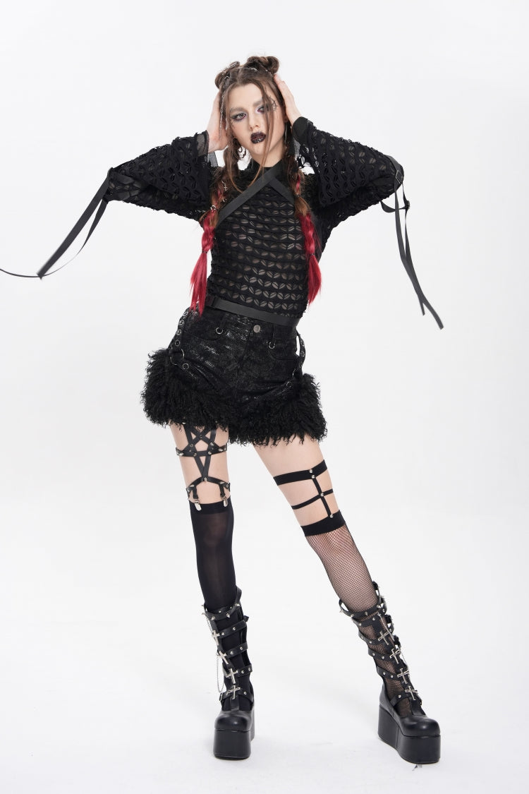 Black Stand Collar Long Sleeves Mesh Buckle Straps Women's Punk Blouse