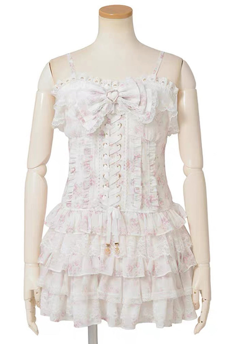 Jirai Kei Long Sleeves Multi-Layered Printed Ruffled Bow Sweet Dress 3 Colors