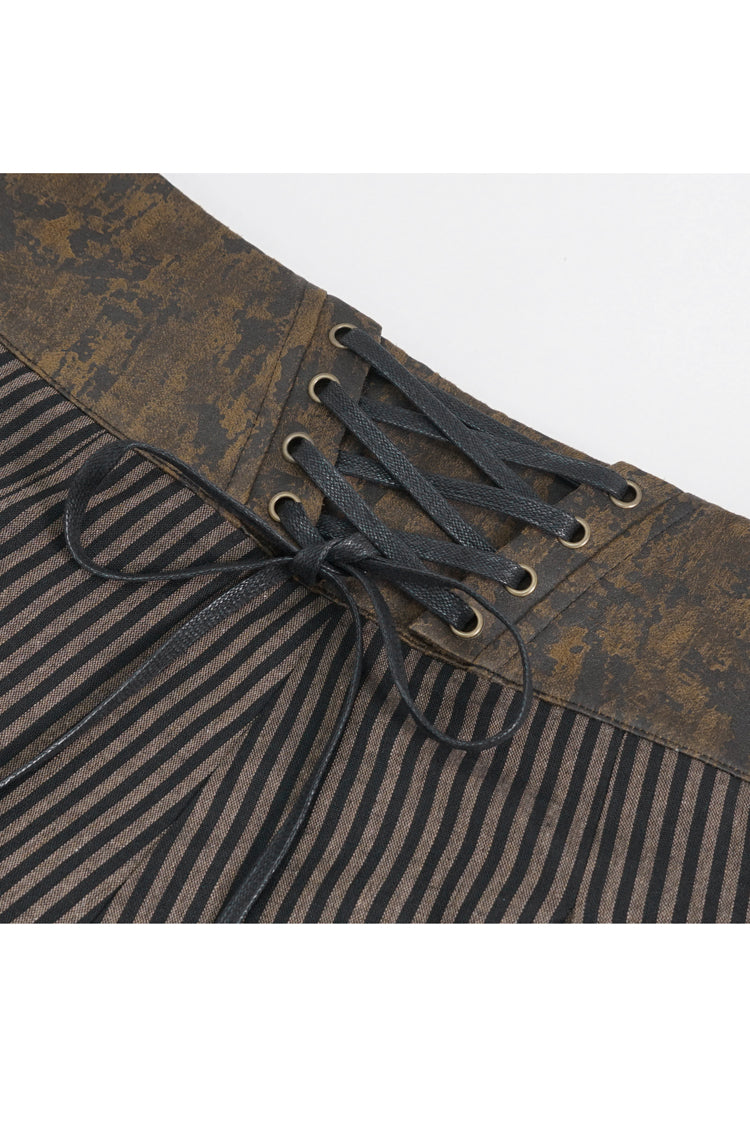 Brown High Waisted Striped Lace-Up Men's Gothic Pants