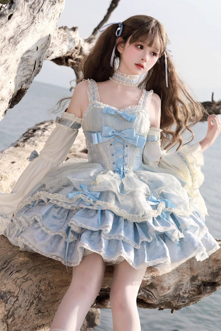 Blue/Apricot Sleeveless Multi-layer Ruffle Bowknot Lace-Up Sweet Princess Lolita Jsk Dress