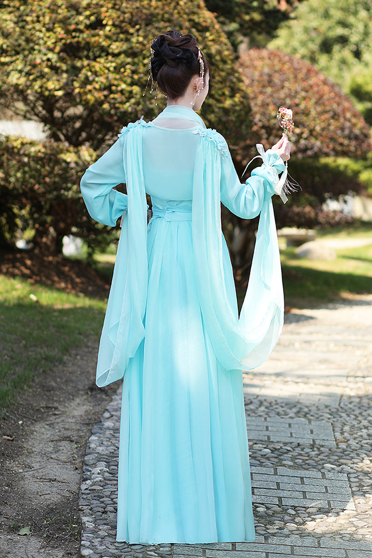 Blue Long Sleeves Print Embroidery Women's Sweet Classic Hanfu Dress Full Set