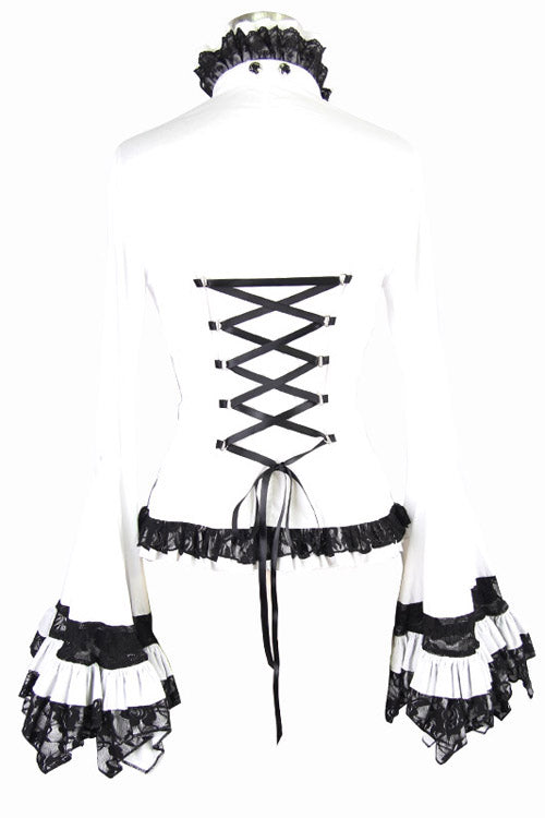 White VintageTrumpet Sleeves Back Bandage Womens Gothic Blouse