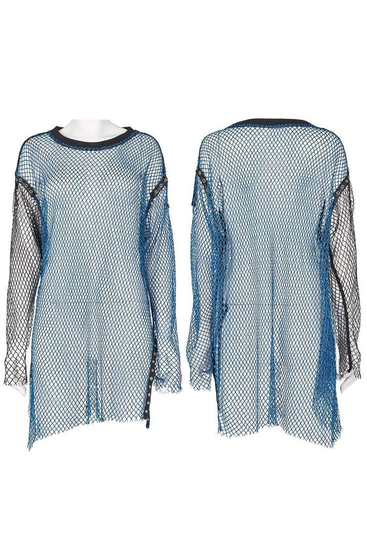 Blue Punk Daily No Elasticity Mesh Buttonhole Decoration Perspective Women's T-Shirt
