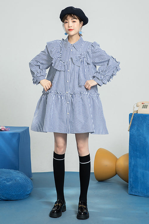 Blue Plaid Print Bow Ruffled Long Sleeves Single Breasted Sweet Lolita OP Dress