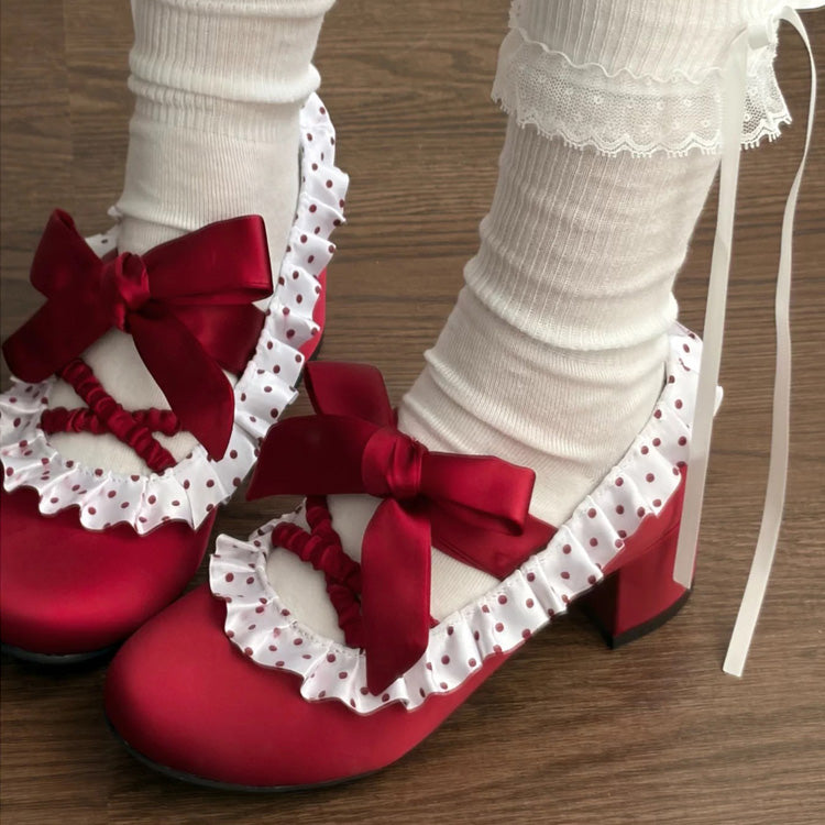 Satin Ruffled Lace-Up Sweet Classic Elegant Lolita Heels 2 Colors
